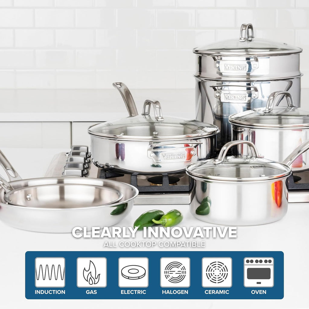 Artisan 3-Ply Stainless Steel 11-Piece Cookware Set with Vented Glass Lids, Fry Pans, Saucepans, Saute Pan, Stock Pot