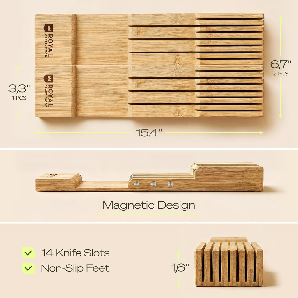 Knife Drawer Organizer - Bamboo In-Drawer Knife Block for 14 Knives - Premium Drawer Knife Organizer Insert, Kitchen