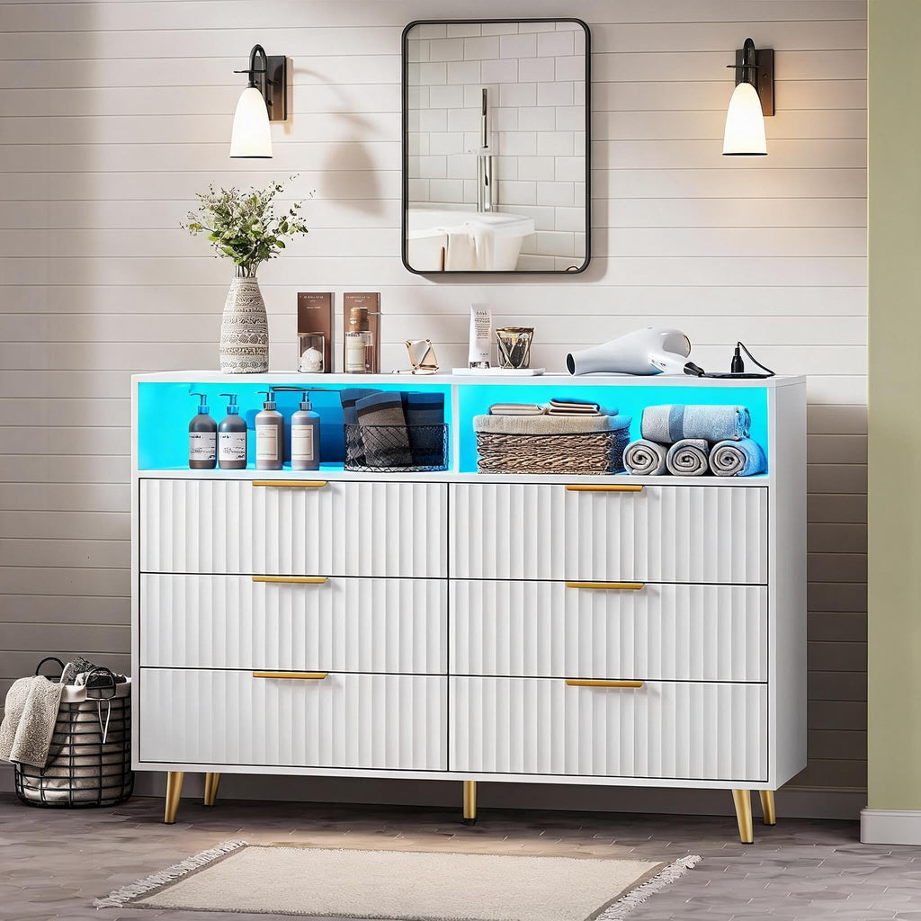 47.2 W 6 Drawer Dresser with LED and Charging Station, White