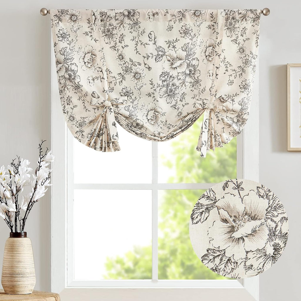 Tie Up Valance Curtain Floral Linen for Windows Farmhouse Valance 45 Inch Botanical Short Window Treatment Adjustable