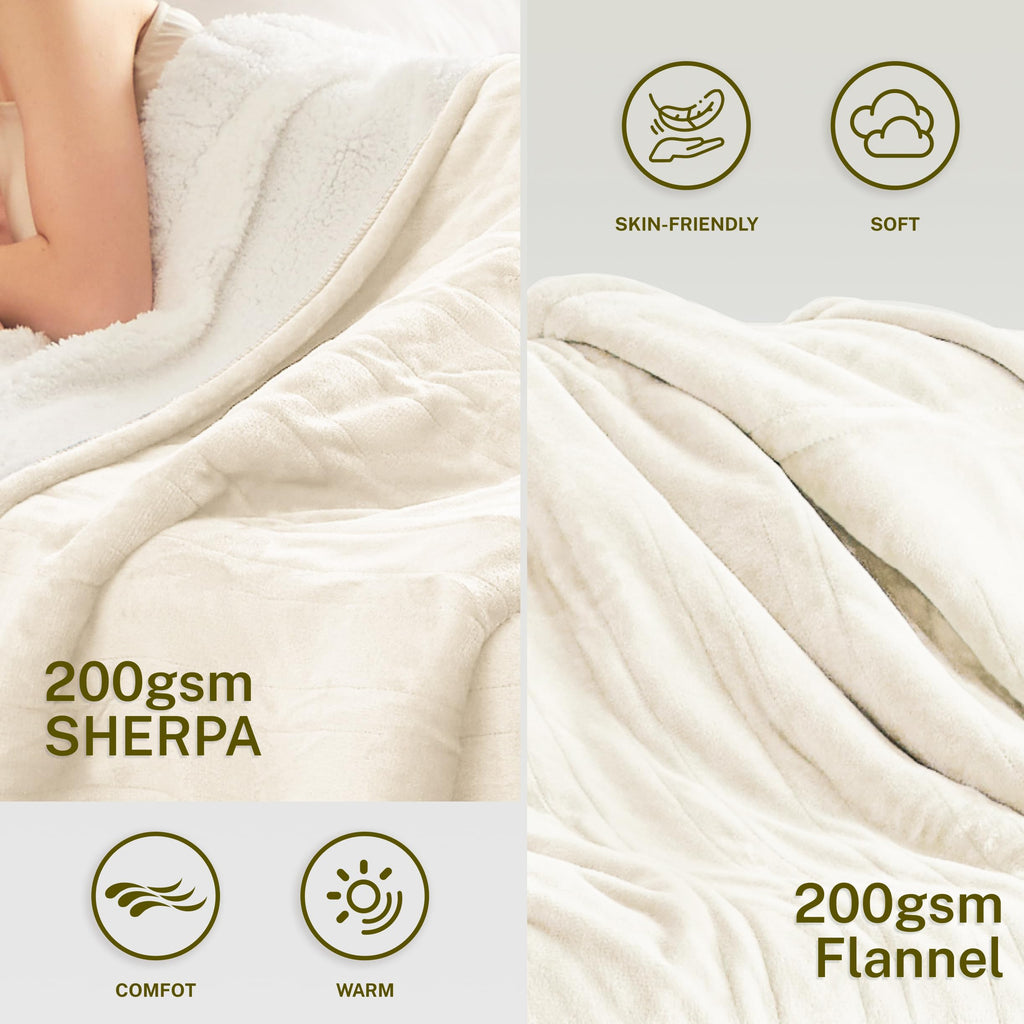 Heat Blanket 62"x84", Soft Flannel & Sherpa Reversible Electric Blanket with 10 Heat Settings, 12 Timer