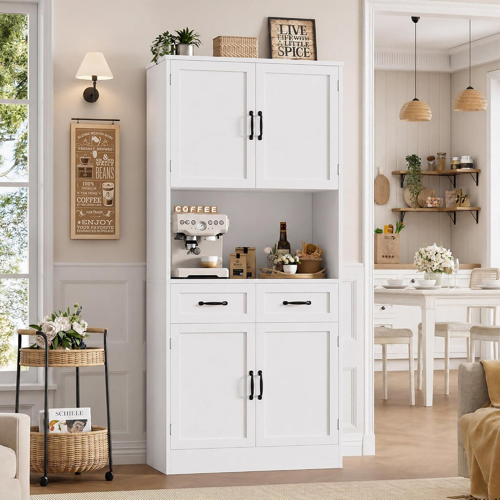 71" Tall Kitchen Pantry Storage Cabinet, Wood Kitchen Hutch, White | Modern Pantry Cabinet with Microwave Stand