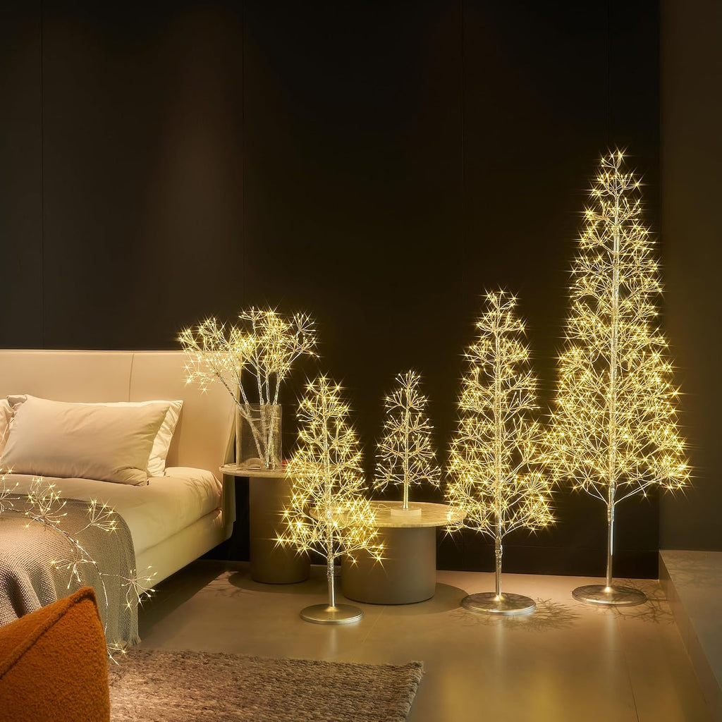 Lighted Starburst Tree 720 Heavy Duty LED Lights, Silver Twig Tree with Lights 6FT Fireplace Room Porch Christmas