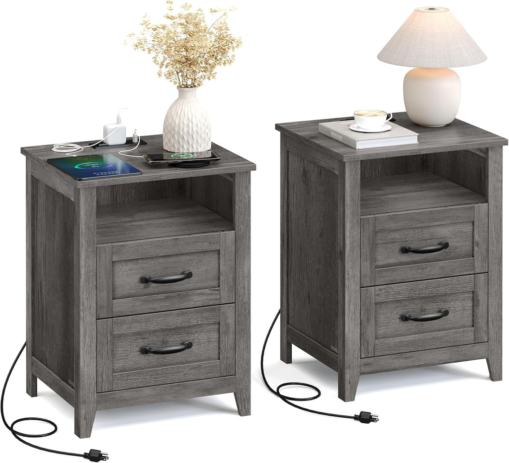 Farmhouse Nightstands with Charging Station, Set of 2 Bedside Tables, Side Tables with 2 Drawers, Open
