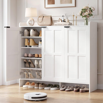 Farmhouse Shoe Cabinet with Doors, 4 Adjustable Shelves, White