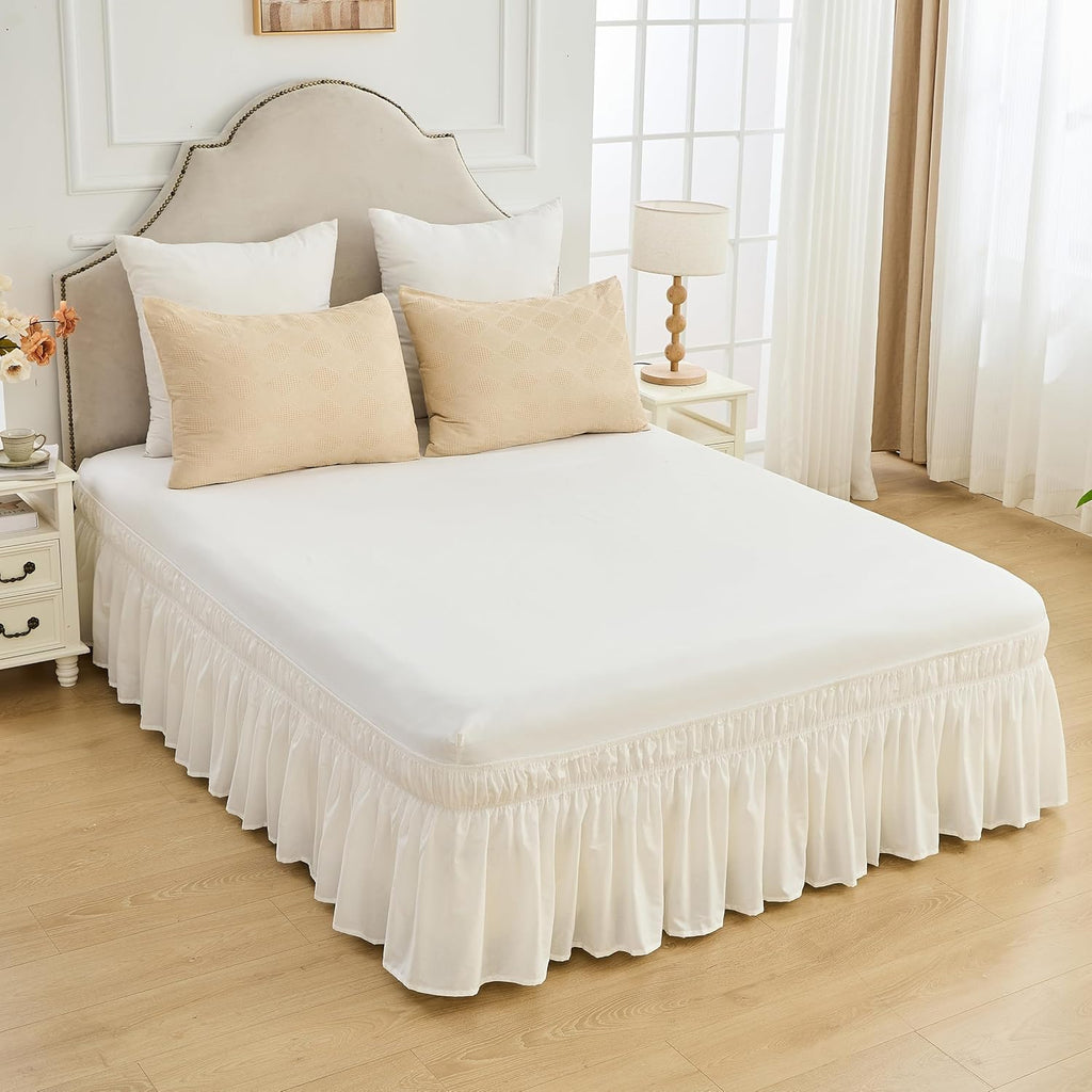 Wrap Around Bed Skirts 17" Drop, Cotton Adjustable Elastic Dust Ruffles Easy Fit Wrinkle & Fade Resistant Soft Cozy