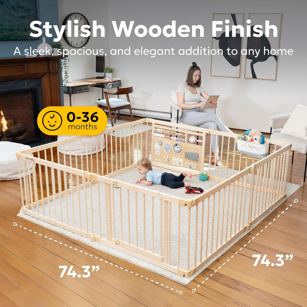 Baby Playpen, Wooden Playpen for Babies and Toddlers, Foldable Fence with Montessori Activity Panel, Storage Basket &