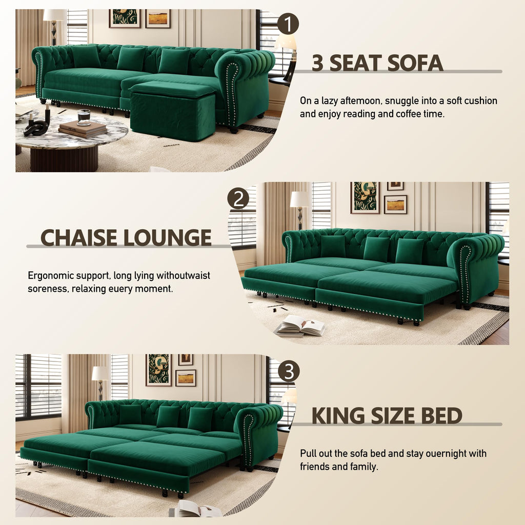 89'' Pull Out Couch King, Velvet Chesterfield Sleeper Sofa Bed, Green
