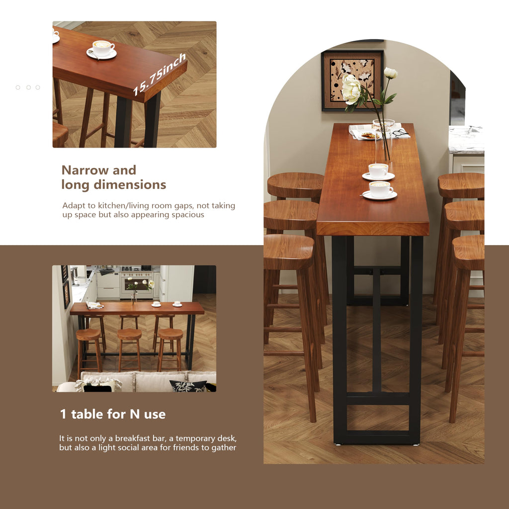 55in Dark Brown Solid Wood Bar Height Pub Table - Built-in Footrest, Solid Wood Top & Sturdy Metal Legs | Counter