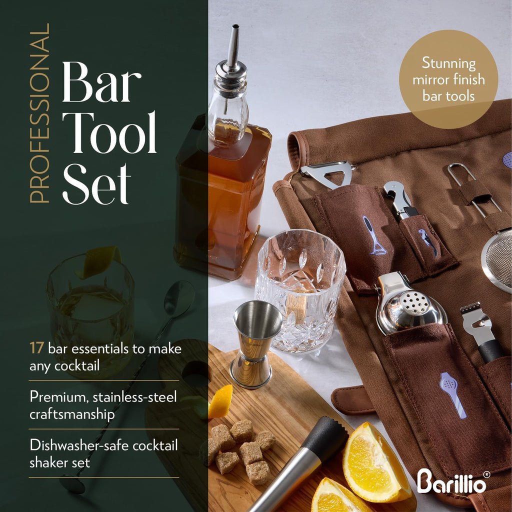 Bartender Kit Bag with Cocktail Shaker Set - Waxed Canvas, Traveling Bar Tools Bag with 17-Pc Cocktail Kit - Travel