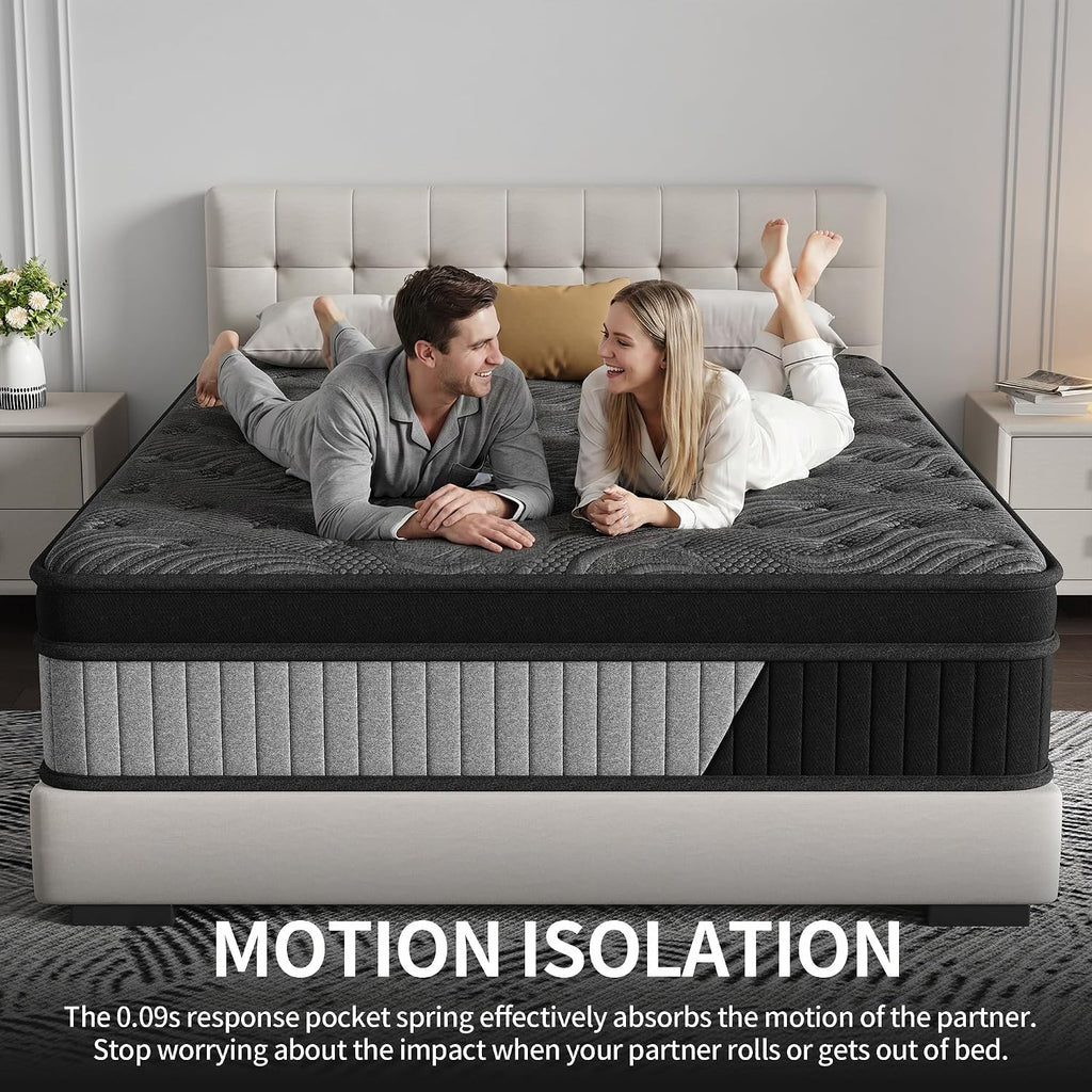 Queen Size 12 Inch Hybrid Mattress in a Box. Medium Firm Black and Gray Fabric Cover with Pocket Spring and Memory