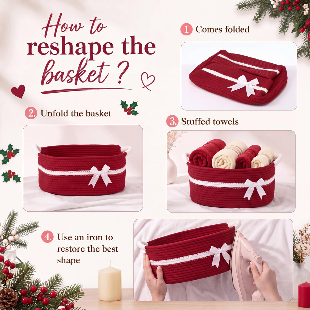 Christmas Empty Gift Basket with Handles, Red, White
