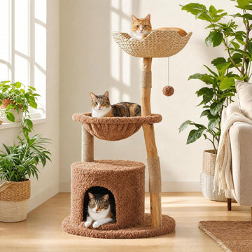 40" Modern Wood Cat Tree with Rattan Basket & Hammock, Brown
