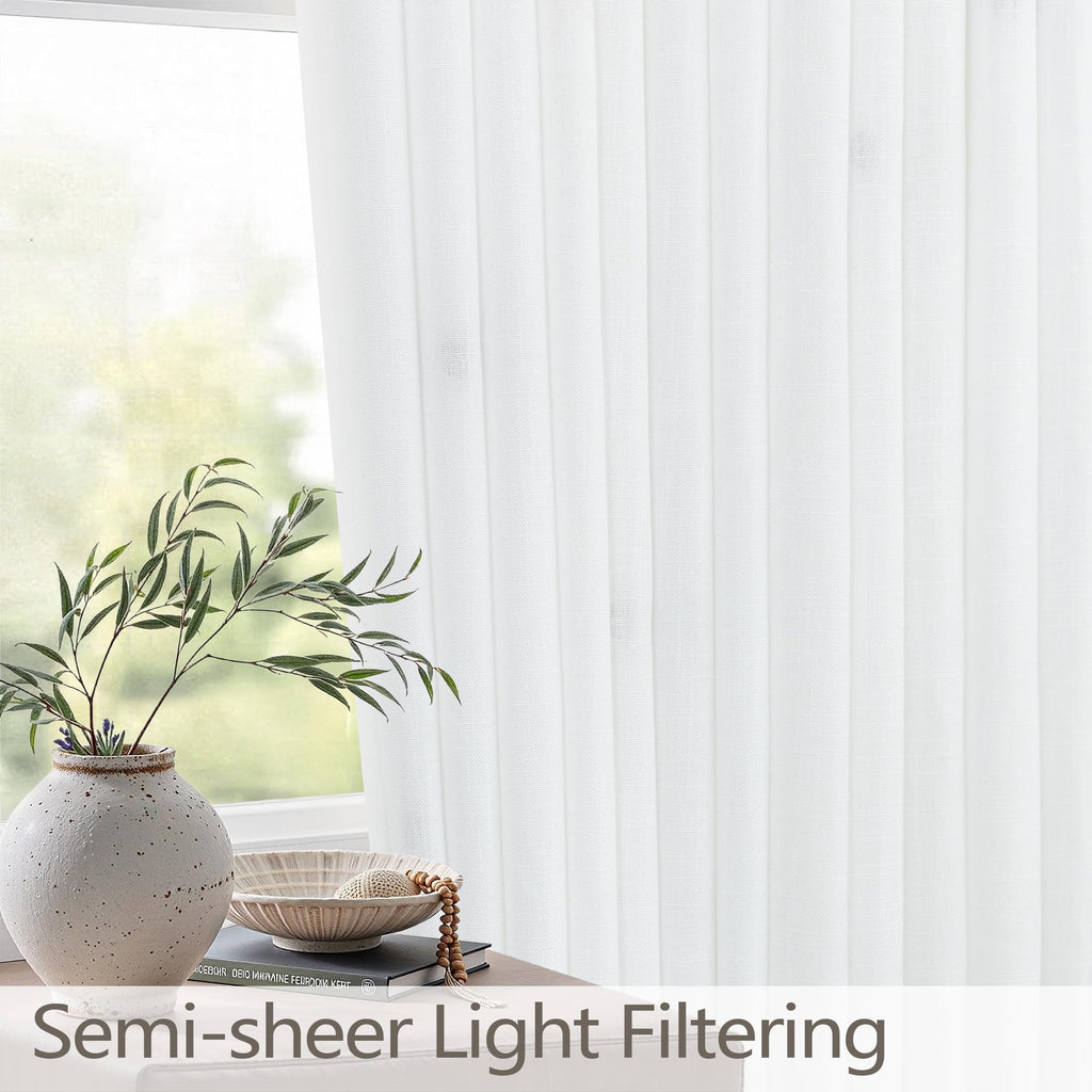 Pinch Pleated Linen White Curtains 108 Inches Long 70 Inch Wide Divider Light Filtering Thick Sheer Patio Curtains