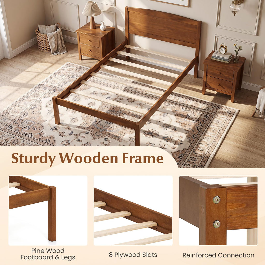 Twin Size Wooden Bed Frame with Curved Headboard, Walnut
