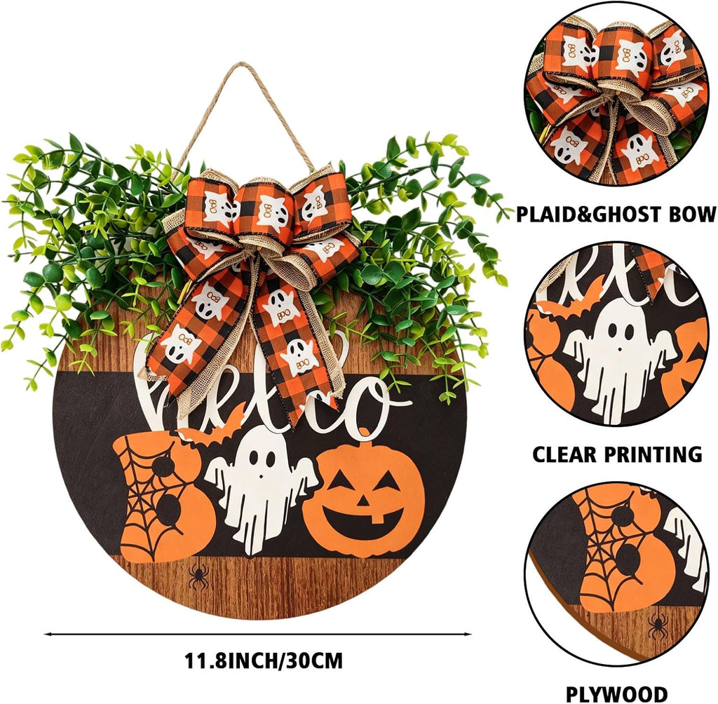 Halloween Boo Wreath Round Decorative Sign with Ghost and Pumpkin