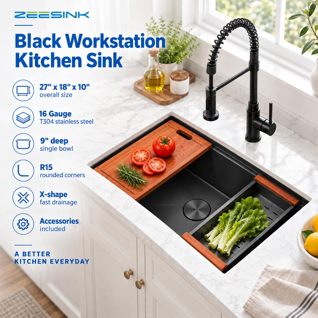 Black Undermount Kitchen Sink, 27 inch Workstation Kitchen Sink