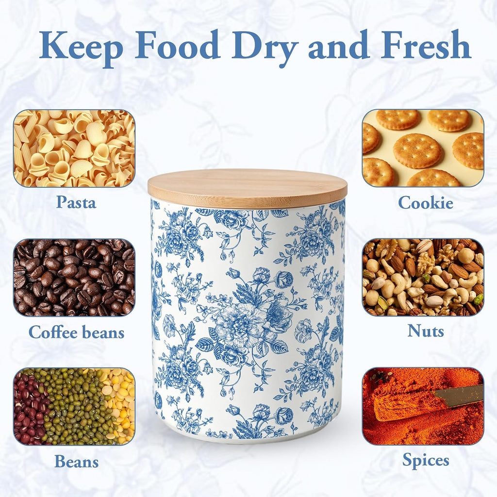 Chinoiserie Floral Ceramic Kitchen Canisters Sets Vintage Blue Flower Clear Storage Jar with Airtight Lids Kitchen - Set of 3