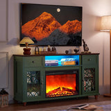 59 Inch Farmhouse Fireplace TV Stand for TVs up to 65 Inches, Entertainment Center with Electric Fireplace, LED Lights, Glass Doors, Storage Drawers, Green
