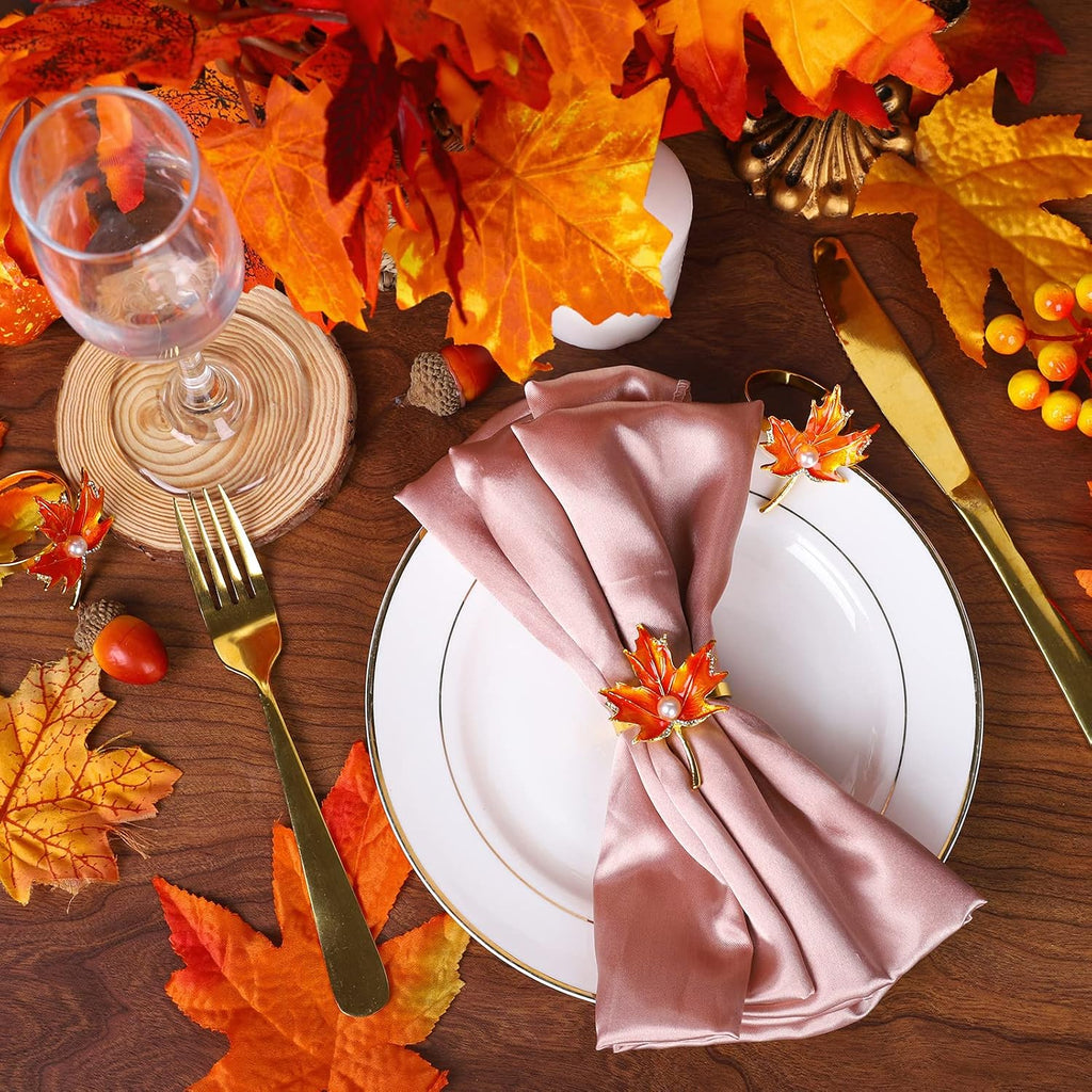 Maple Leaves Napkin Ring Holders Fall Thanksgiving Autumn Leaf Napkin Buckle with Faux Pearl Metal Dinner Table - Set of 8