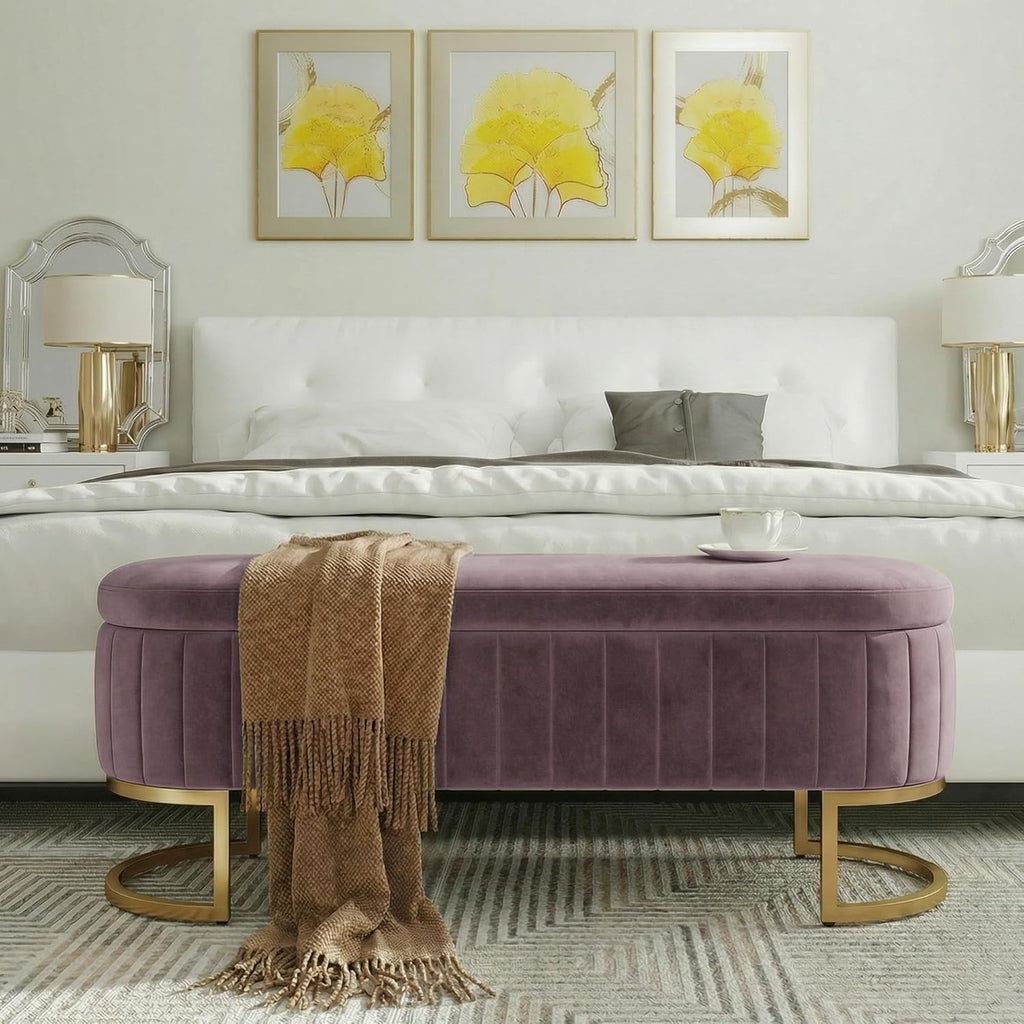65" Velvet Storage Ottoman Bench End of Bed Entryway Purple | Velvet Large Storage Solid Wood with Metal Leg 300 lbs