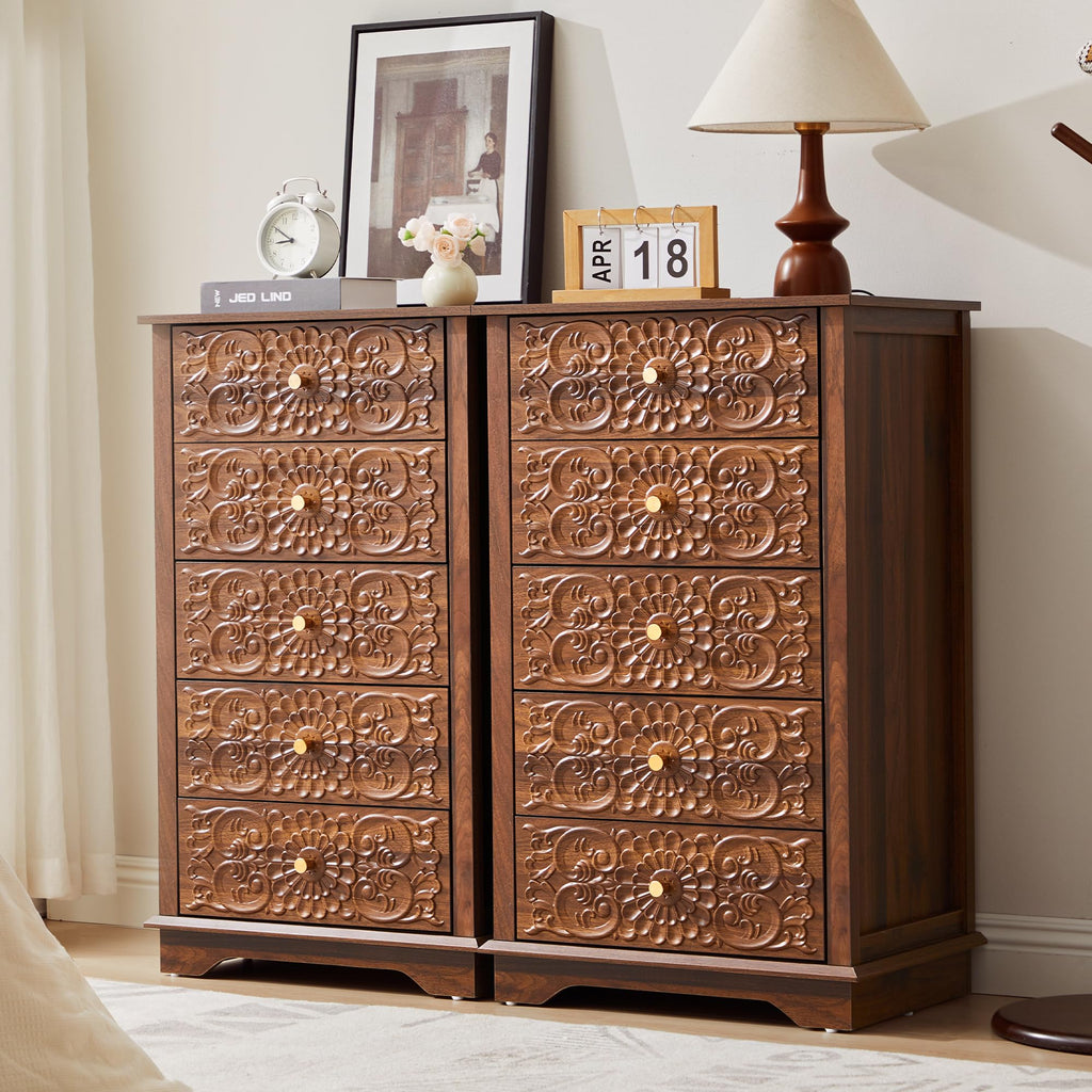 5 Drawer Dresser, 20"W Narrow Chest of Drawers, Walnut Floral