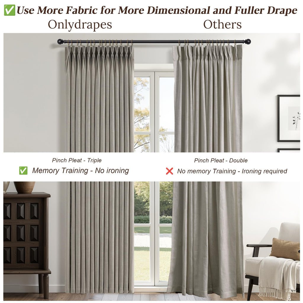90 Inch Triple Pinch Pleated Linen Curtains 2 Panel Set Burlywood Birch Linen Textured Drapes 90 Inches Long Pinch