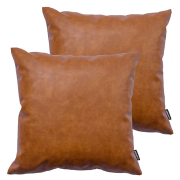 Faux Leather Throw Pillow Covers, 18 x 18 inch Set of 2 Thick Cognac Brown Modern Solid Decorative Square Bedroom