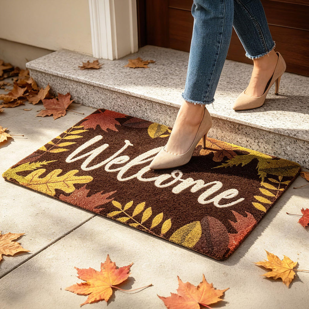 Fall Welcome Doormat, 17 x 30 Inch Autumn Leaves Outdoor Mats