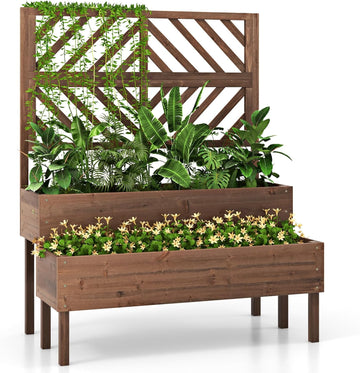 Raised Garden Bed with Trellis & 2 Planter Boxes, 2-Tier Outdoor Wooden Elevated Planter Box with Legs & Drainage