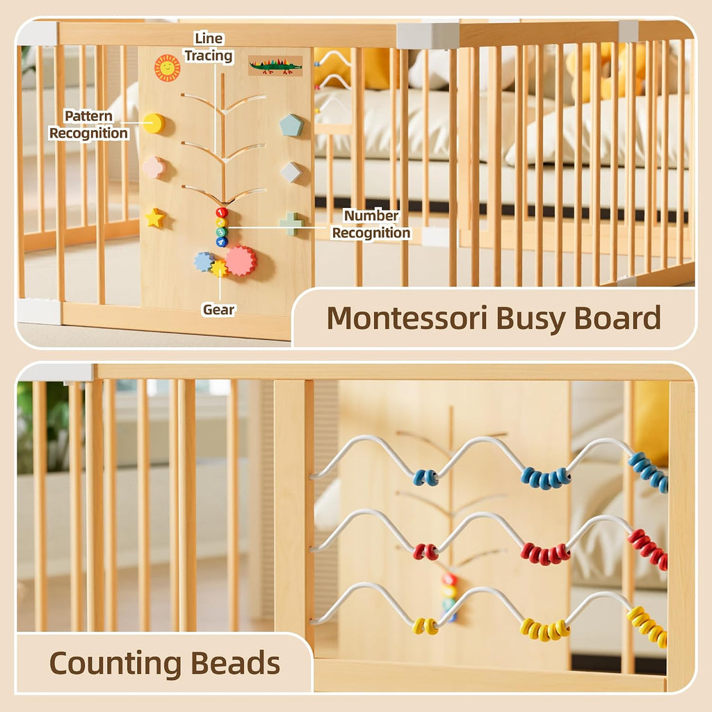 Wooden Baby Playpen with Locking Gate, Extra Large Playpen for Babies and Toddlers, Size Adjustable Activity Center