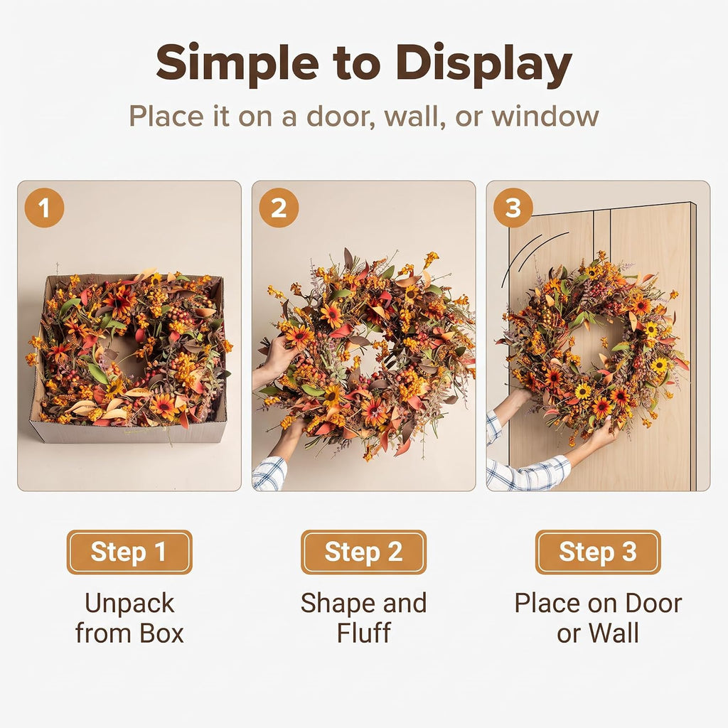 24 Inch Fall Wreaths for Front Door, Artificial Autumn Wreath with Sunflowers, Berries and Leaves, Thanksgiving