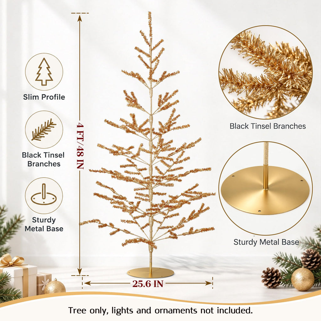 4ft Champagne Christmas Tree, Retro Aluminum Christmas Tree, Tinsel Trees