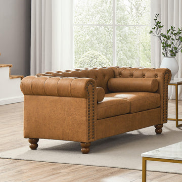58" Brown Air Leather Chesterfield Loveseat, 2-Seater Sofa, Nailhead Trim