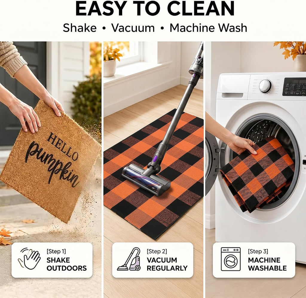 Fall Decor Door Mat Combo Set, 100% Coco Coir Welcome Mat + 28 x 43 Inches Orange and Black Plaid Rug- Fall - Set of 2