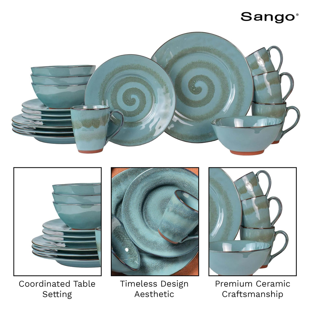 16-Piece Stoneware Dinnerware Set for 4, Glossy Blue & Green Coffee Mugs, Plates and Bowls Sets with Reactive Glaze