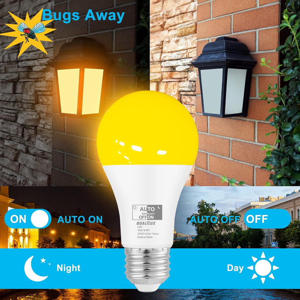 Dusk to Dawn A19 LED Bug Light Bulbs Outdoor, 1900K Amber Yellow, 600 Lumen, 9.5W, E26, 4-Pack, HQ-H018