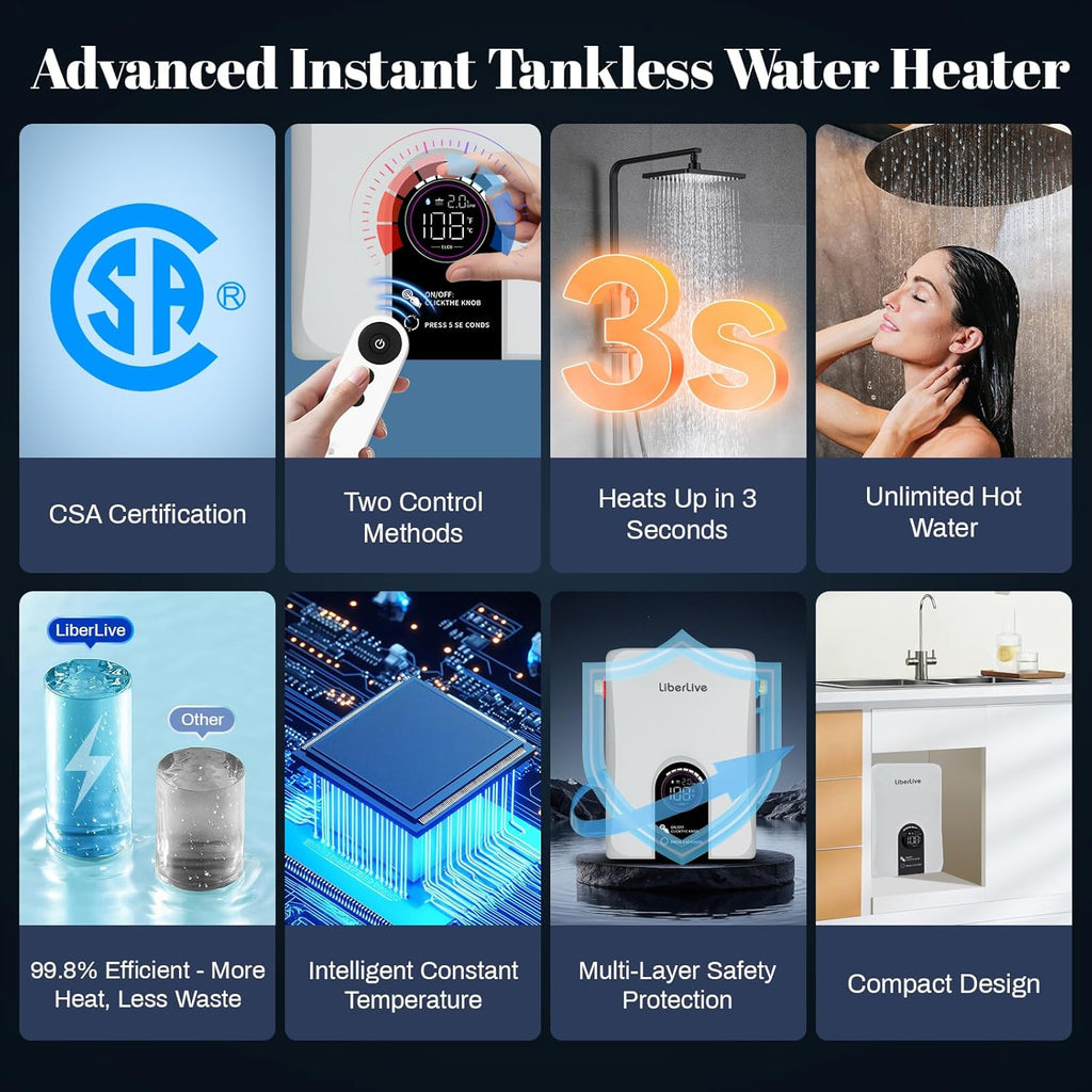 Electric Tankless Water Heater, 11kW 240V on Demand Instant Endless Electric Hot Water Heater for Residential Whole