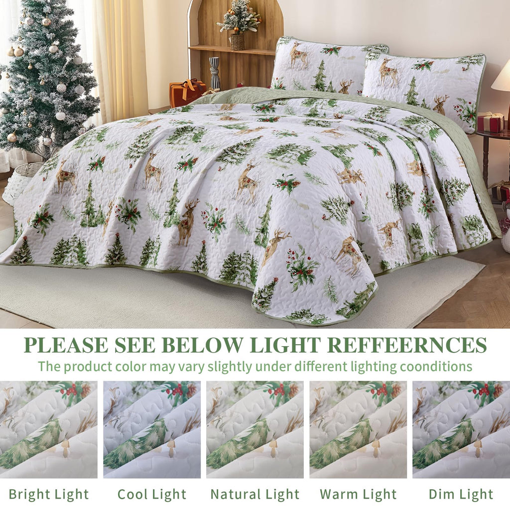 Christmas Quilt Set Queen Size Green Xmas Reindeer Pine Tree Bedding Set