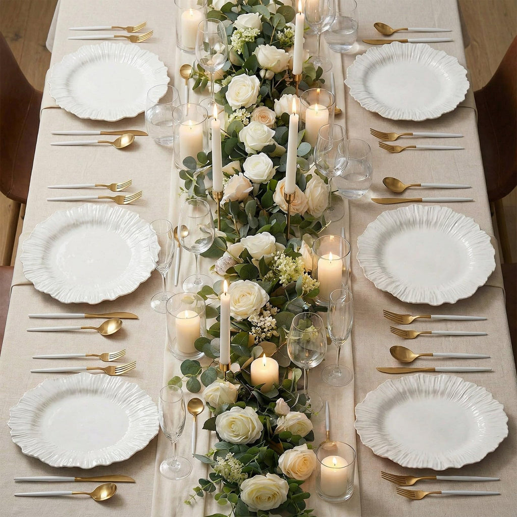 10 Pack Economy Plastic Charger Plates - 13" Pearl White Reef Rim Design Chargers for Weddings & Parties
