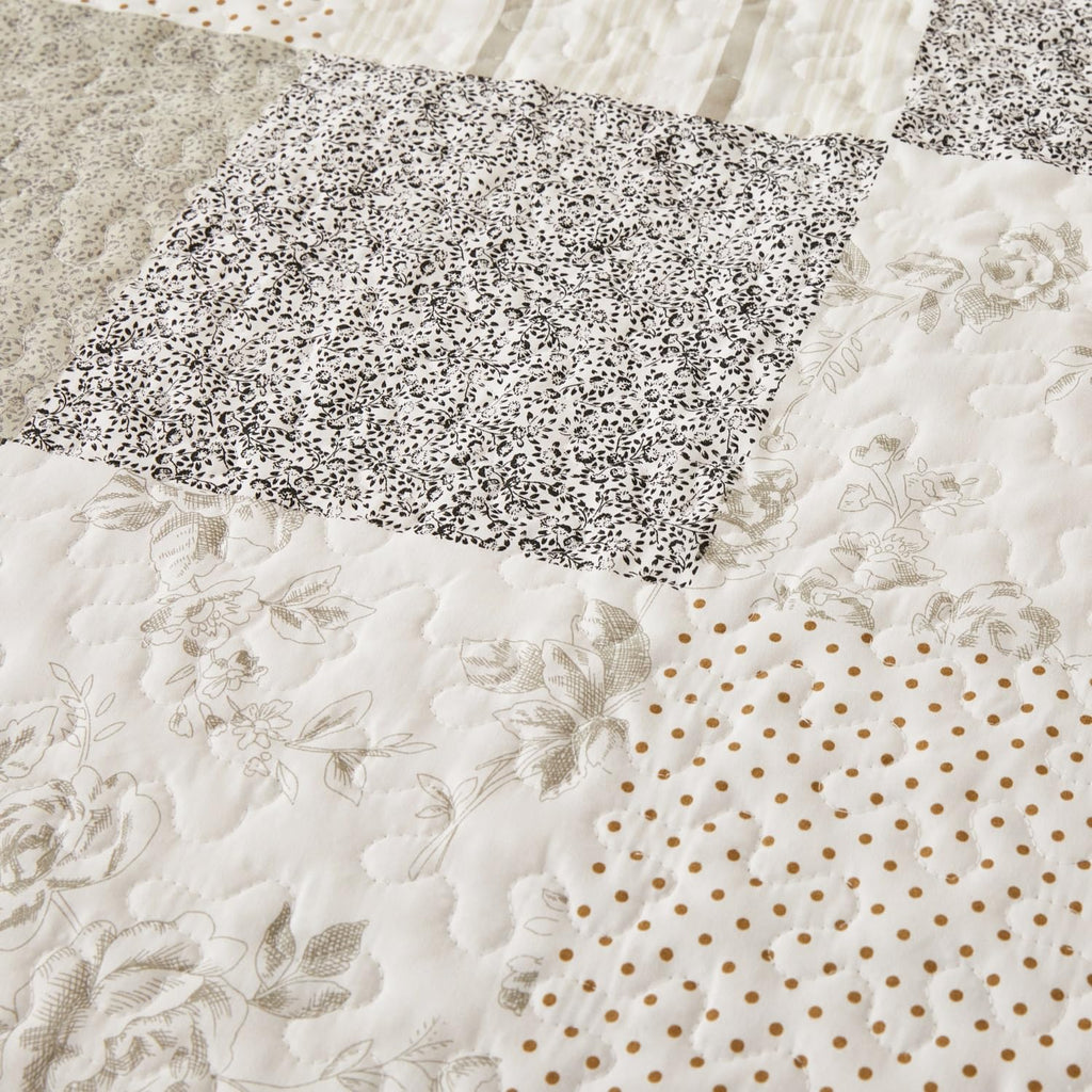 Summer Floral Quilt Set, Grey Patchwork Quilts, Reversible Quilted Bedspread with 2 Shams, Vintage