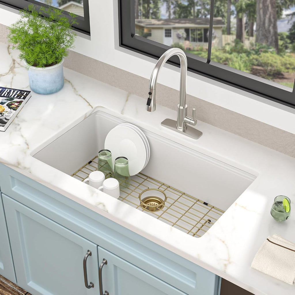 33"x19" Granite Composite Kitchen Sink - Undermount White Granite Quartz Composite Classic Ledge Workstation Under