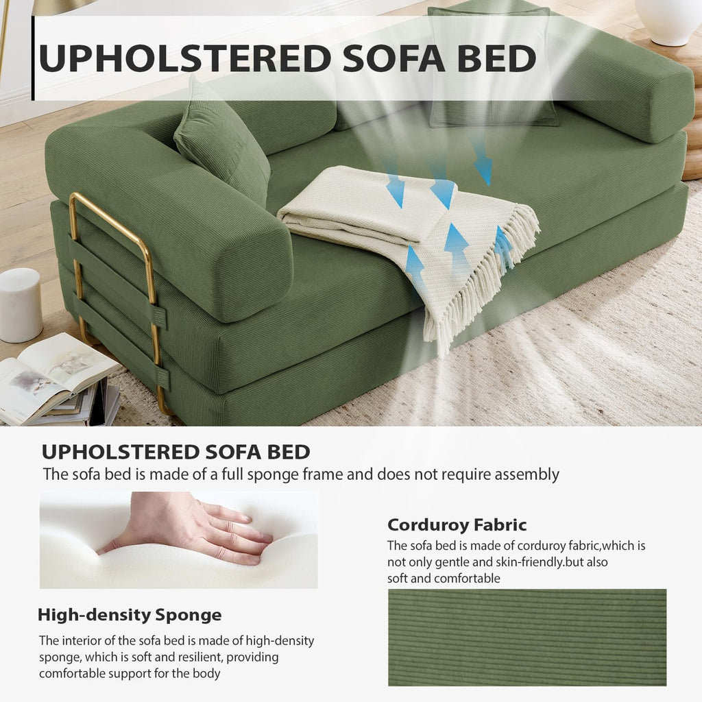 4-in-1 Folding Convertible Sofa Bed, 78 Inch Oversized Corduroy Upholstered Boneless Couch, Loveseat Sleeper with