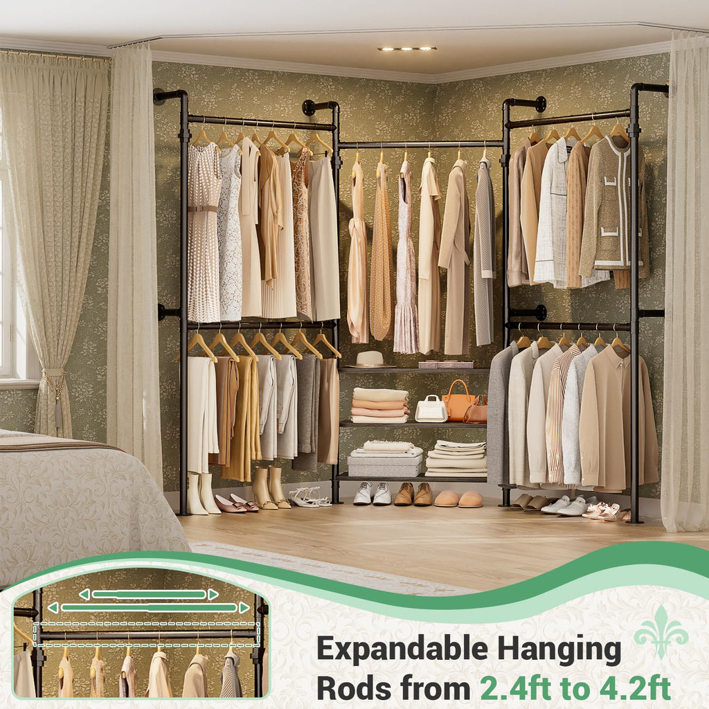 Expandable Industrial Pipe Clothing Rack, 7.3-10.9Ft Closet System