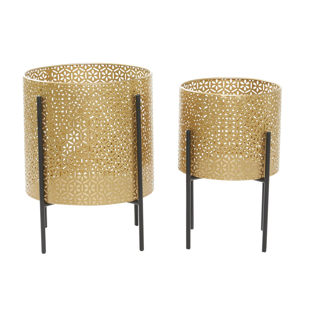 Metal Indoor Outdoor Planter Floral Cutout Small Planter Pot with Removable Stand, Set of 2 Planters 15", 14"H, Gold