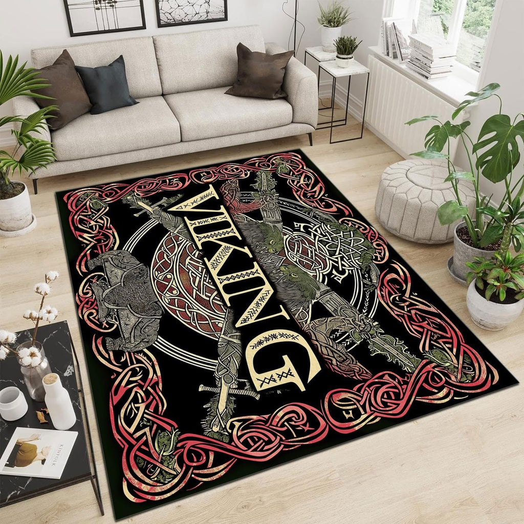 Traditional Nordic Viking Symbols Area Rug Living Room Bedroom Rugs Washable Carpet, Soft Fluffy Runner, Non