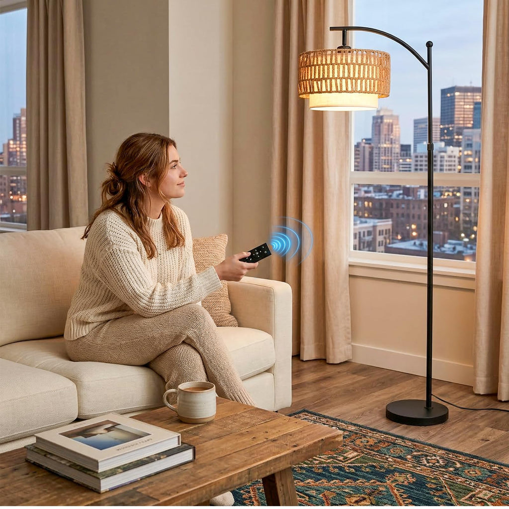 Arc Floor Lamp with Remote, 57.5"-67" Height Adjust Dimmable Bulb Floor Lamps with 3 Color Temps, Boho Standing Lamp