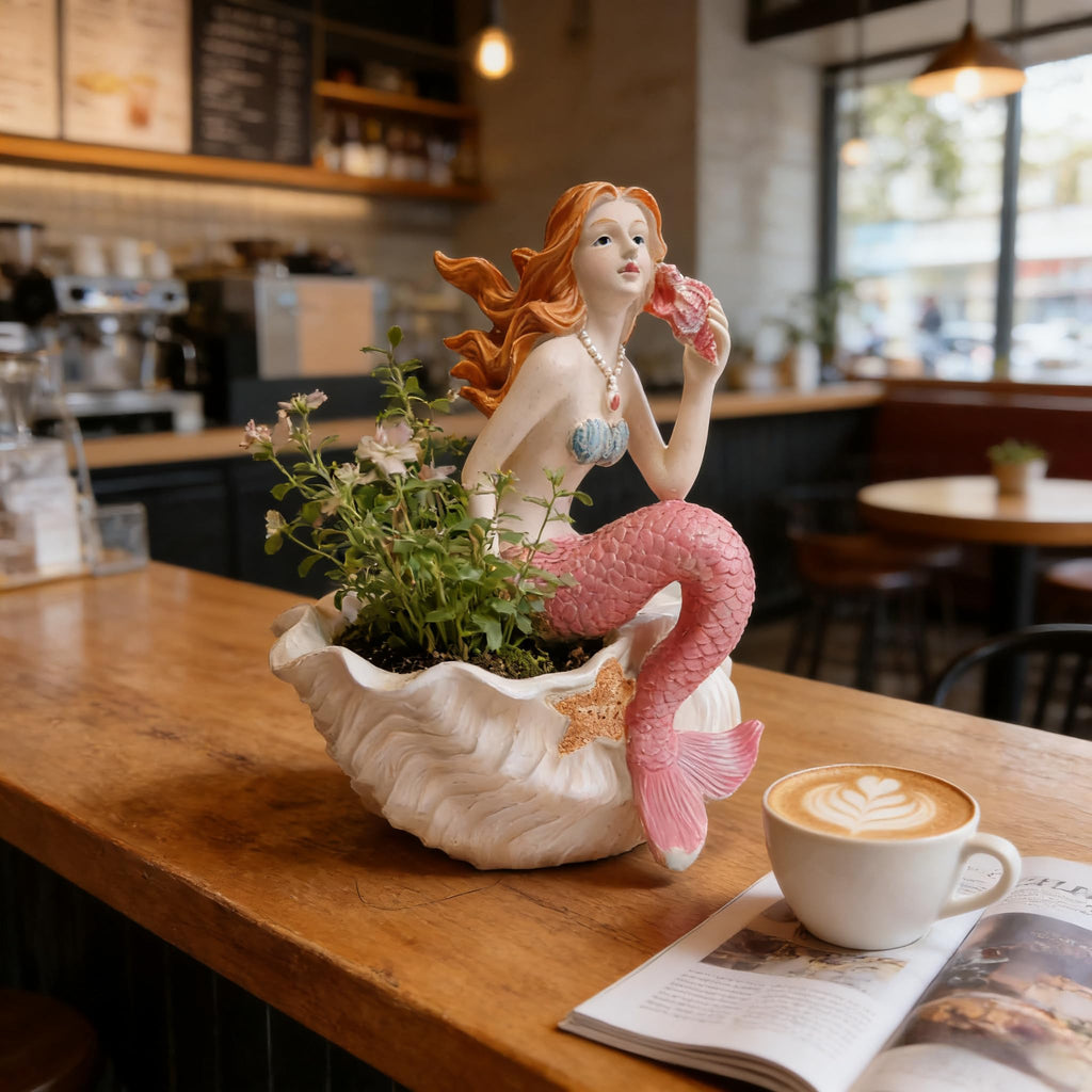 Mermaid Resin Planter Statue, Conch Base Succulent Flower Pot Garden Nautical Decor (Pink)