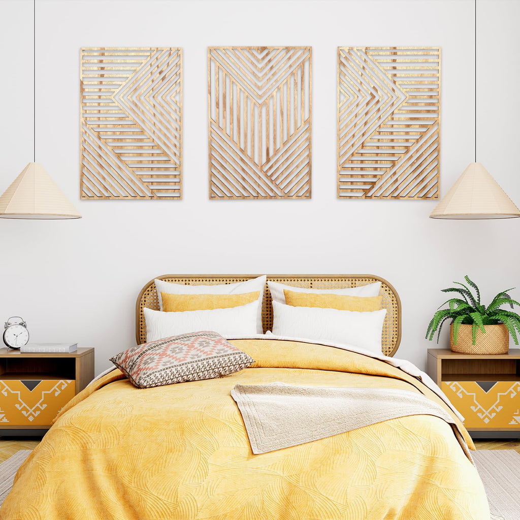 Wood Wall Art Set of 3, Light Geometric Decor