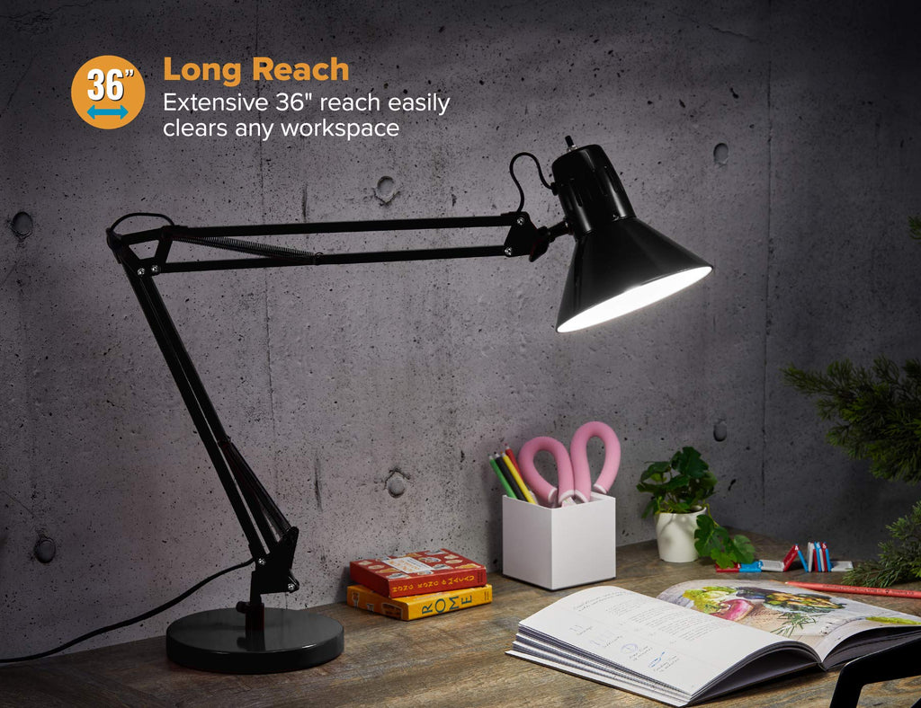 Office VLF100D Swing Arm Desk Lamp, Metal, 36" Reach with Multi-Joint Adjustment, Includes Replaceable LED Bulb